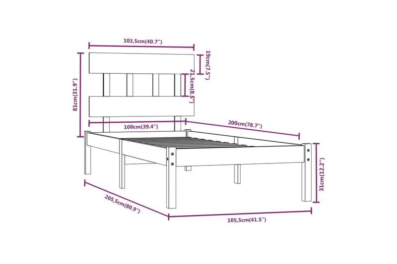 beBasic sengeramme 100x200 cm massivt træ - Brun - Møbler - Senge - Sengeramme & sengestel