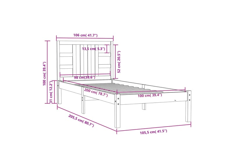 beBasic sengeramme 100x200 cm massivt træ gyldenbrun - Brun - Møbler - Senge - Sengeramme & sengestel