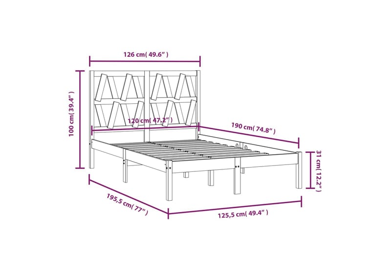 beBasic sengeramme 120x190 cm Small Double massivt fyrretræ - Brun - Møbler - Senge - Sengeramme & sengestel