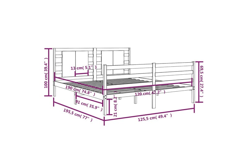 beBasic sengeramme 120x190 cm Small Double massivt fyrretræ - Brun - Møbler - Senge - Sengeramme & sengestel