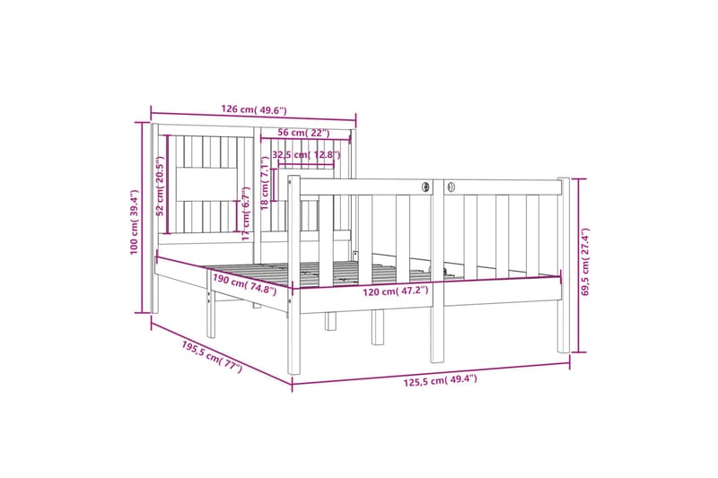 beBasic sengeramme 120x190 cm Small Double massivt træ hvid - Hvid - Møbler - Senge - Sengeramme & sengestel