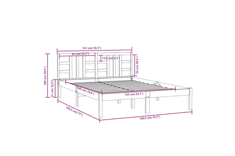 beBasic sengeramme 135x190 cm dobbelt massivt træ - Brun - Sengeramme & sengestel