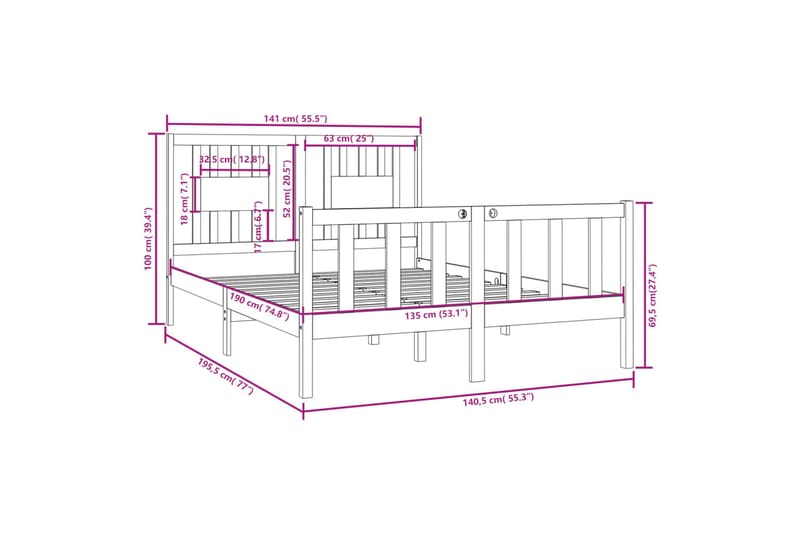 beBasic sengeramme 135x190 cm dobbelt massivt træ hvid - Hvid - Møbler - Senge - Sengeramme & sengestel