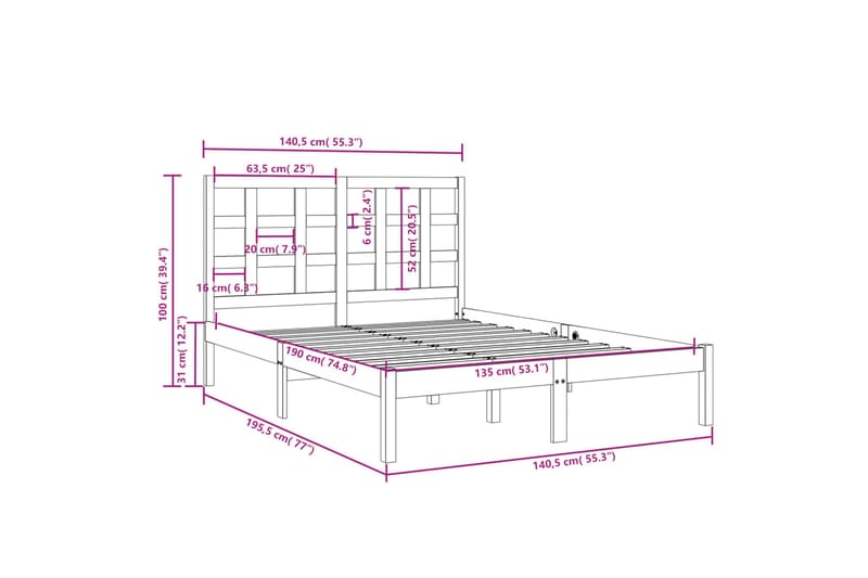 beBasic sengeramme 135x190 cm dobbelt massivt træ hvid - Hvid - Møbler - Senge - Sengeramme & sengestel