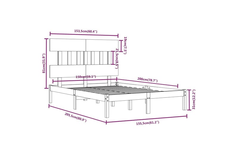 beBasic sengeramme 150x200 cm 5FT kingsize massivt træ sort - Sort - Møbler - Senge - Sengeramme & sengestel