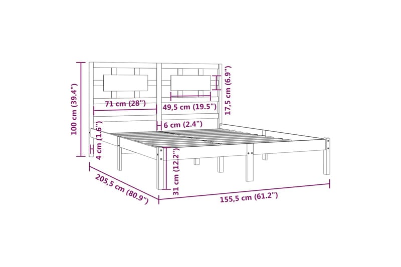 beBasic sengeramme 150x200 cm King Size massivt fyrretræ - Brun - Møbler - Senge - Sengeramme & sengestel