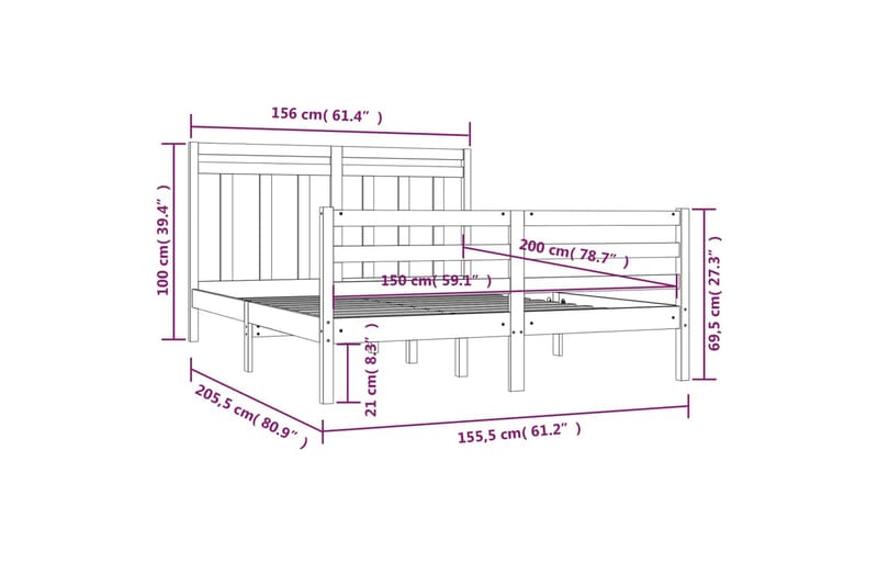 beBasic sengeramme 150x200 cm King Size massivt træ - Brun - Møbler - Senge - Sengeramme & sengestel