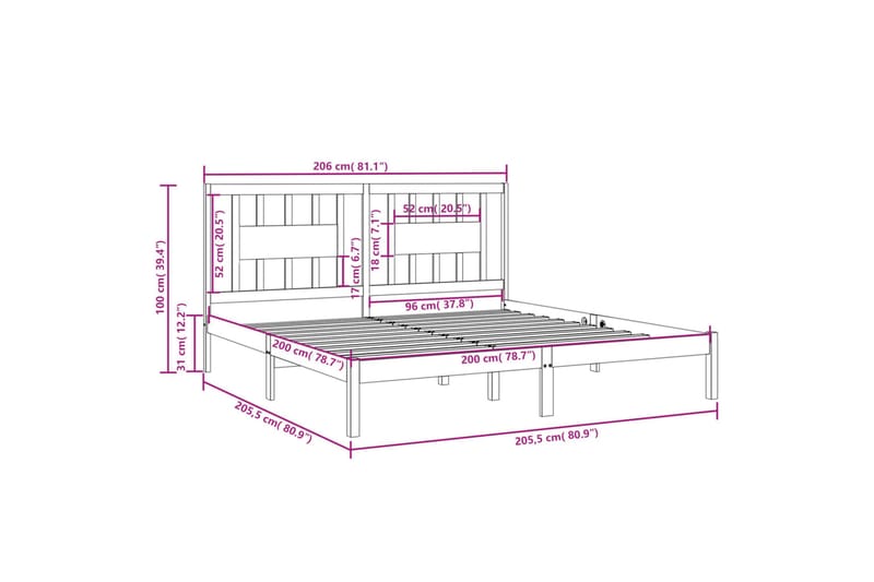 beBasic sengeramme 200x200 cm massivt fyrretræ - Brun - Møbler - Senge - Sengeramme & sengestel