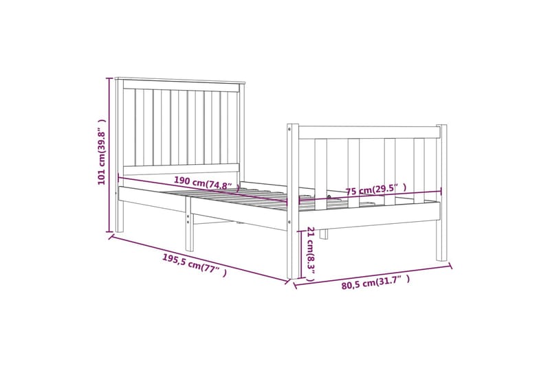 beBasic sengeramme 75x190 cm Small Single massivt fyrretræ hvid - Hvid - Møbler - Senge - Sengeramme & sengestel