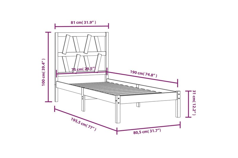 beBasic sengeramme 75x190 cm Small Single massivt fyrretræ sort - Sort - Møbler - Senge - Sengeramme & sengestel