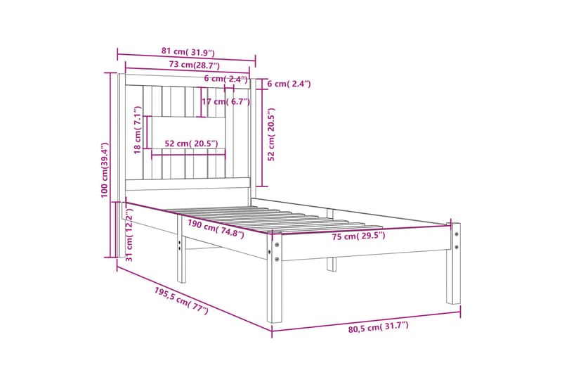 beBasic sengeramme 75x190 cm Small Single massivt træ - Brun - Møbler - Senge - Sengeramme & sengestel