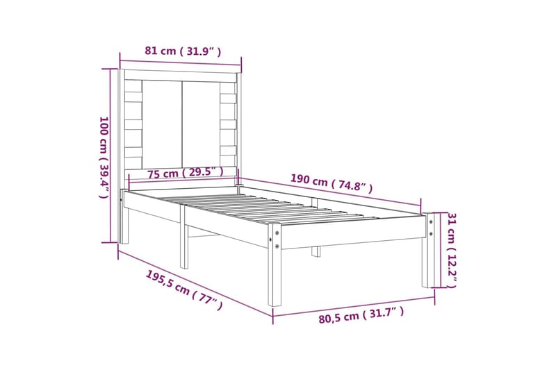 beBasic sengeramme 75x190 cm Small Single massivt træ - Brun - Møbler - Senge - Sengeramme & sengestel