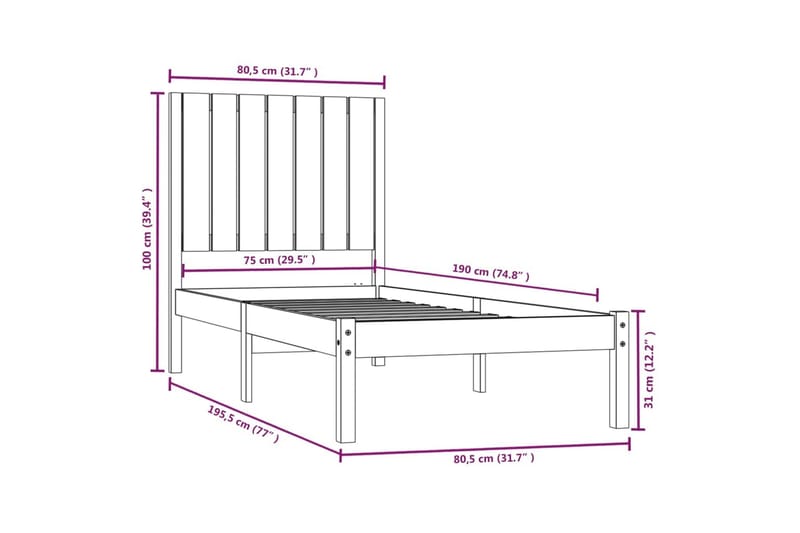 beBasic sengeramme 75x190 cm Small Single massivt træ - Brun - Møbler - Senge - Sengeramme & sengestel