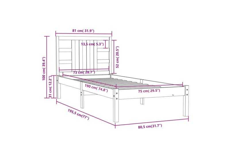 beBasic sengeramme 75x190 cm Small Single massivt træ - Brun - Møbler - Senge - Sengeramme & sengestel