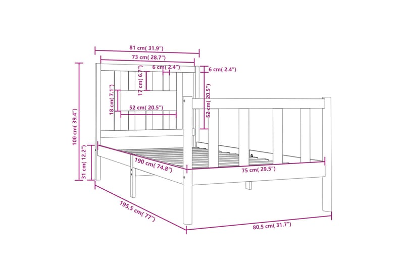 beBasic sengeramme 75x190 cm Small Single massivt træ - Brun - Møbler - Senge - Sengeramme & sengestel