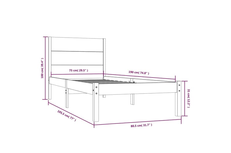 beBasic sengeramme 75x190 cm Small Single massivt træ - Brun - Møbler - Senge - Sengeramme & sengestel