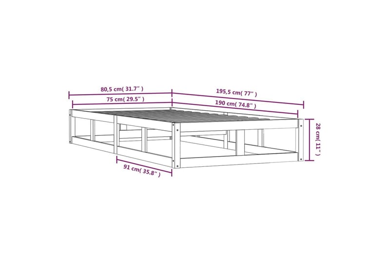 beBasic sengeramme 75x190 cm Small Single massivt træ hvid - Hvid - Møbler - Senge - Sengeramme & sengestel