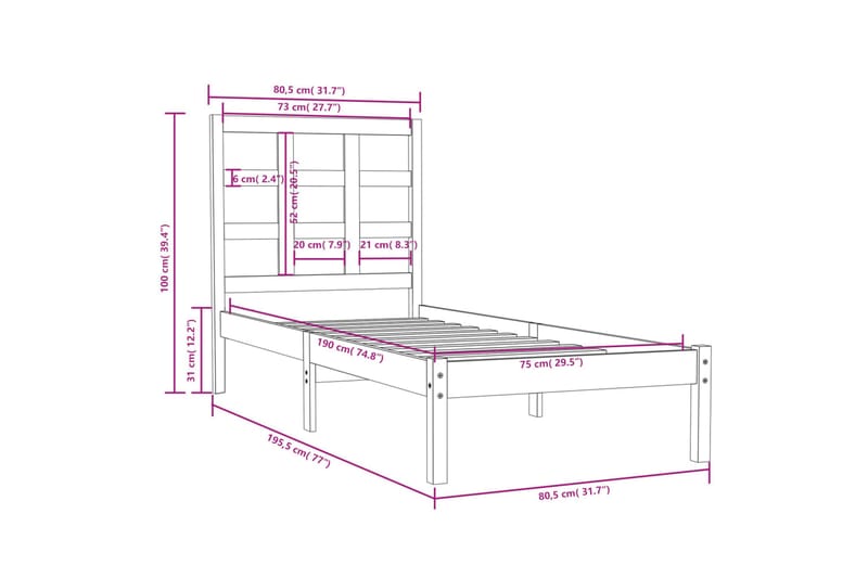 beBasic sengeramme 75x190 cm Small Single massivt træ hvid - Hvid - Møbler - Senge - Sengeramme & sengestel