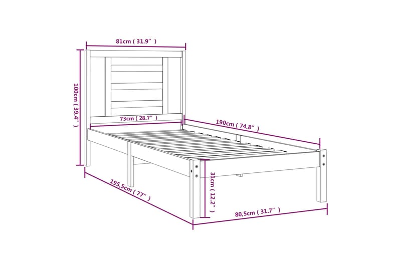 beBasic sengeramme 75x190 cm Small Single massivt træ hvid - Hvid - Møbler - Senge - Sengeramme & sengestel