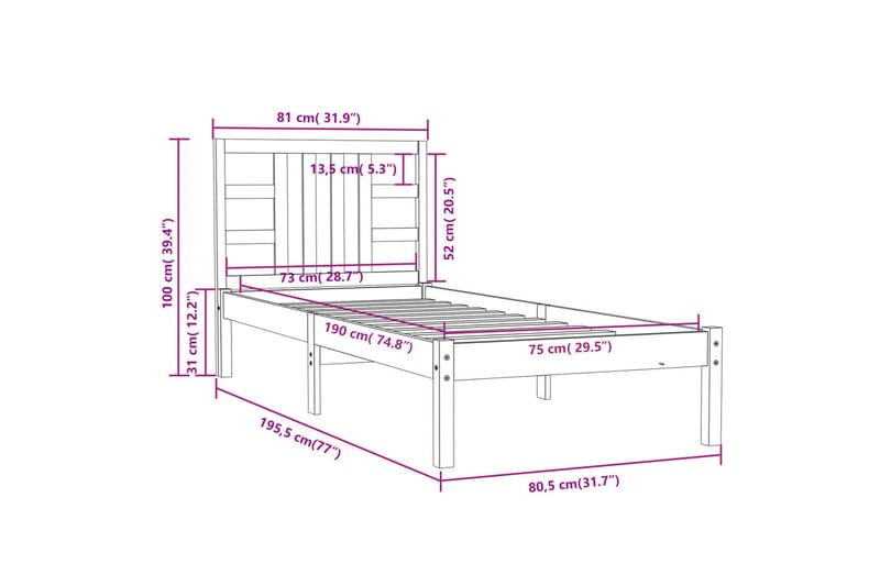 beBasic sengeramme 75x190 cm Small Single massivt træ hvid - Hvid - Møbler - Senge - Sengeramme & sengestel