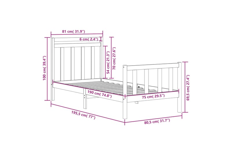 beBasic sengeramme 75x190 cm Small Single massivt træ sort - Sort - Møbler - Senge - Sengeramme & sengestel