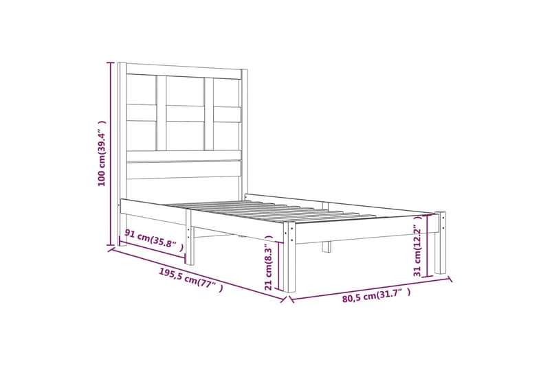 beBasic sengeramme 75x190 cm Small Single massivt træ sort - Sort - Møbler - Senge - Sengeramme & sengestel