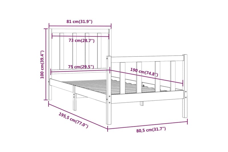 beBasic sengeramme 75x190 cm Small Single massivt træ sort - Sort - Møbler - Senge - Sengeramme & sengestel