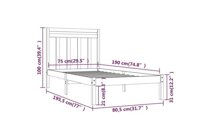 beBasic sengeramme 75x190 cm Small Single massivt træ sort - Sort - Møbler - Senge - Sengeramme & sengestel