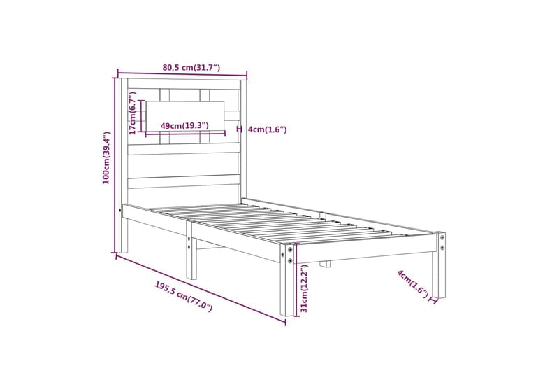 beBasic sengeramme 75x190 cm Small Single massivt træ sort - Sort - Møbler - Senge - Sengeramme & sengestel