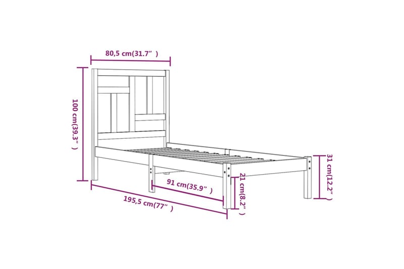 beBasic sengeramme 75x190 cm Small Single massivt træ sort - Sort - Møbler - Senge - Sengeramme & sengestel