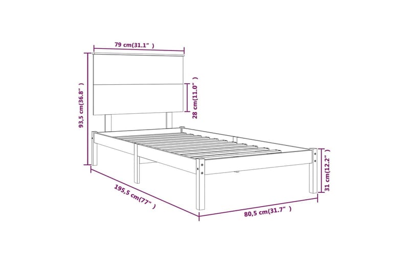 beBasic sengeramme 75x190 cm Small Single massivt træ sort - Sort - Møbler - Senge - Sengeramme & sengestel