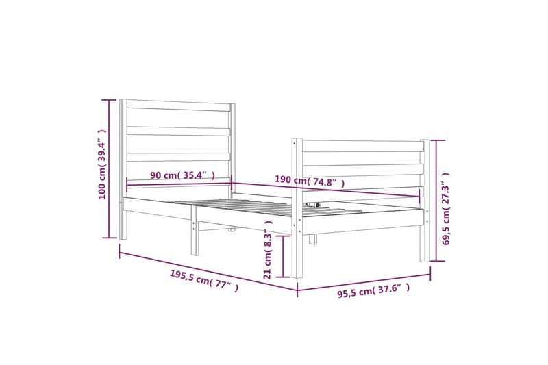 beBasic sengeramme 90x190 Single massivt fyrretræ - Brun - Møbler - Senge - Sengeramme & sengestel