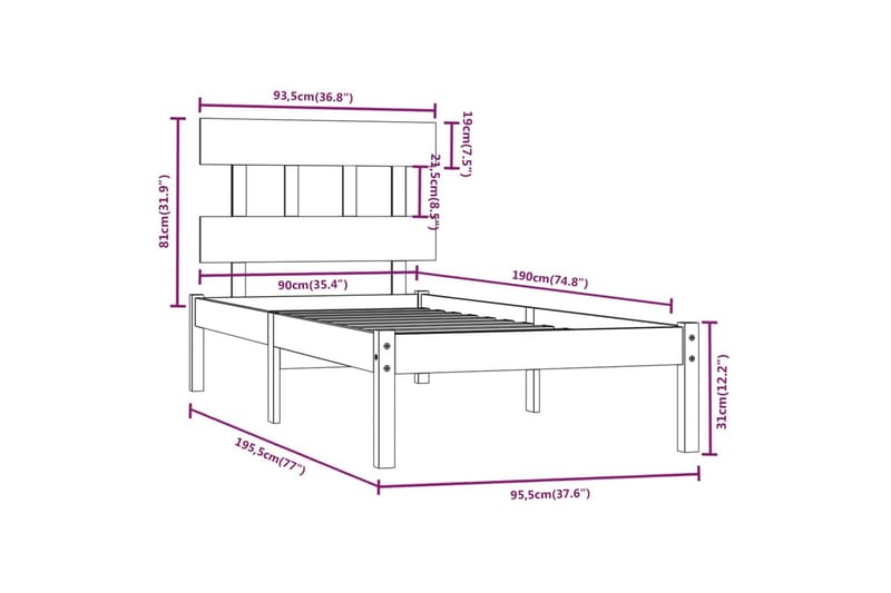 beBasic sengeramme 90x190 Single massivt træ - Brun - Møbler - Senge - Sengeramme & sengestel