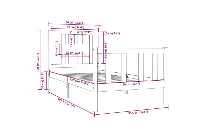 beBasic sengeramme 90x190 Single massivt træ hvid - Hvid - Møbler - Senge - Sengeramme & sengestel