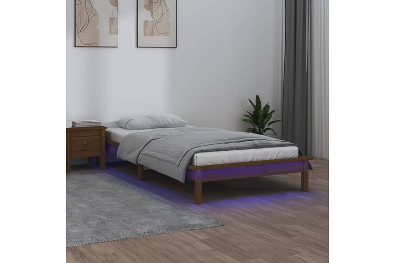 beBasic sengeramme med LED-lys 100x200 cm massivt træ gyldenbrun - Brun - Møbler - Senge - Sengeramme & sengestel