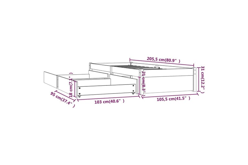 beBasic sengeramme med skuffer 100x200 cm - Brun - Møbler - Senge - Sengeramme & sengestel