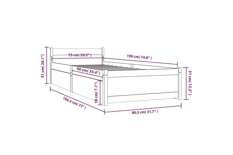 beBasic sengeramme med skuffer 75x190 cm Small Single - Brun - Møbler - Senge - Sengeramme & sengestel