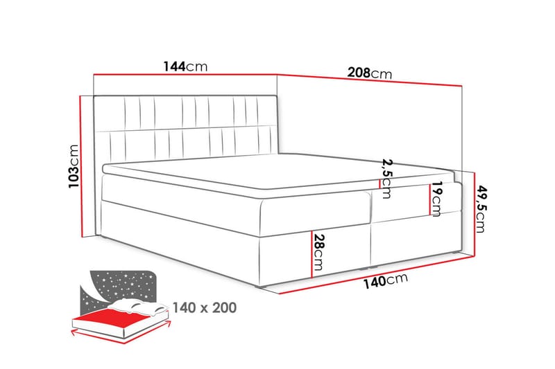 Frusci kontinentalseng 140x200 + topmadras - Møbler - Senge - Kontinentalsenge