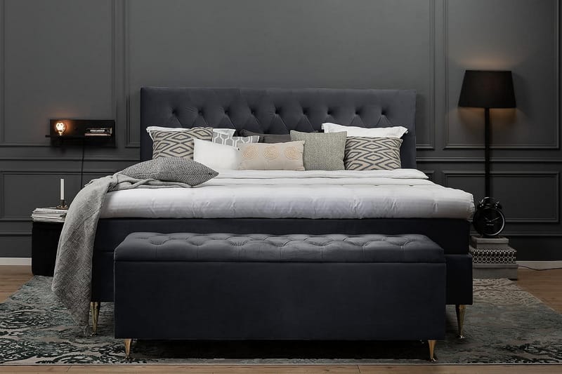 Royal Velvet Komplet Sengepakke 180x200 - Sort med Høje Sølvben - Komplet sengepakke - Kontinentalsenge - Dobbeltsenge