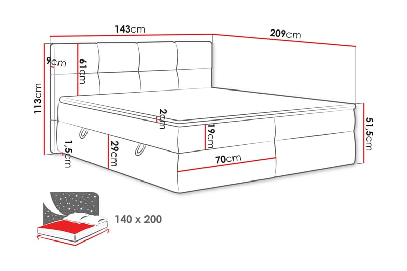 Leckersbo Komplet Sengeløsning Kontinentalseng med opbevaring 140x200 cm - Beige - Møbler - Senge - Komplet sengepakke