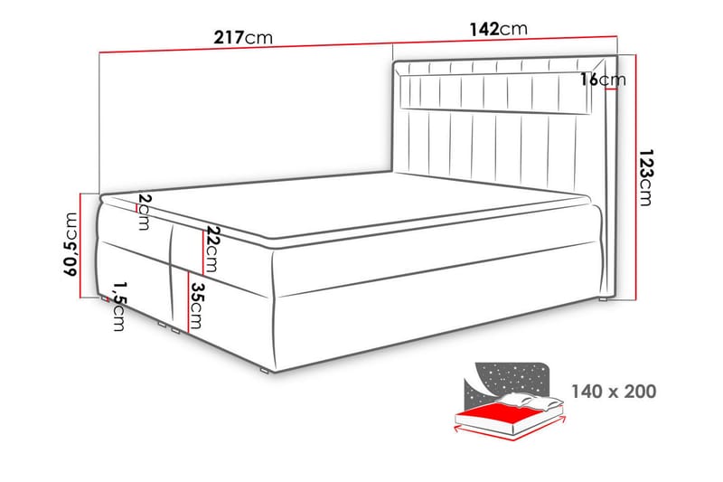 Masone Sengepakke Kontinentalseng 140x200 cm - Rød - Møbler - Senge - Komplet sengepakke