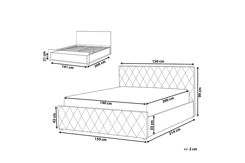 Rochefort Opbevaringsseng 140x200 cm - Velour/Grå - Seng med opbevaring