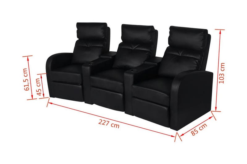 Lænestol 3-Sæders Kunstlæder Sort - Sort - 3 personers sofa - Recliner sofaer - Lædersofaer - 3 personers biograsofa & reclinersofa