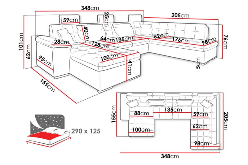 Borgstena Sofa med Divan og Sjeselong 4-seter - Grå/Sort - Møbler - Sofaer - U Sofa