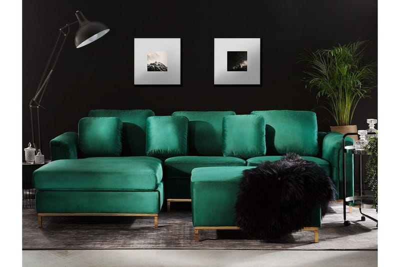 Dugard Hjørnesofa Højre + Fodskammel - Grøn/Velour - Møbler - Sofaer - Sofa med chaiselong - 4 personers sofa med chaiselong