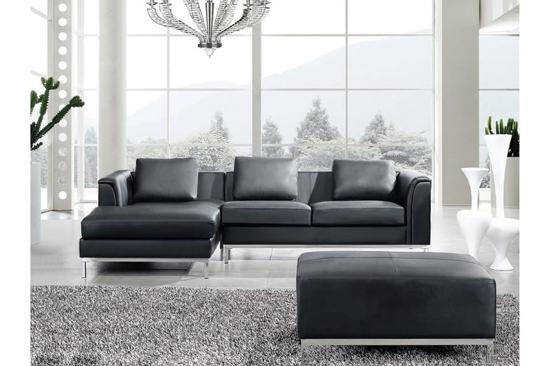 Dugard Hjørnesofa Højre + Fodskammel - Sort/Læder - Møbler - Sofaer - Sofa med chaiselong - 4 personers sofa med chaiselong