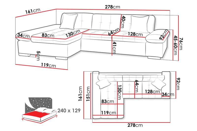 Djerra Sofa med Divan 3-personers - Sort - Møbler - Sofaer - Sofa med chaiselong