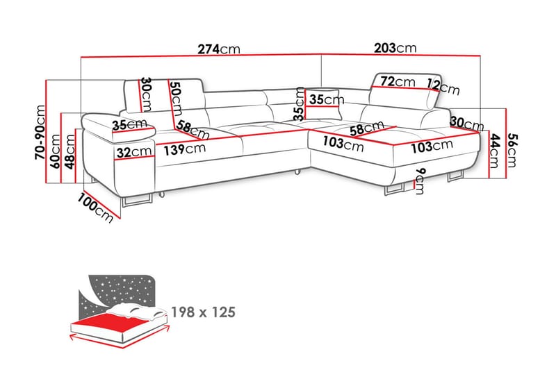 Gabina Sofa med Chaiselong 3-personers - Rød - Møbler - Sofaer - Sofa med chaiselong