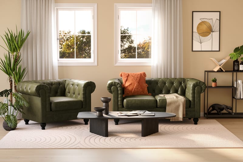 Chesterfield Lyx 2-pers Sofa - Mørkegrøn PU - Møbler - Sofaer - 2 personers sofa