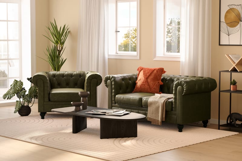 Chesterfield Lyx 2-pers Sofa - Mørkegrøn PU - Møbler - Sofaer - 2 personers sofa